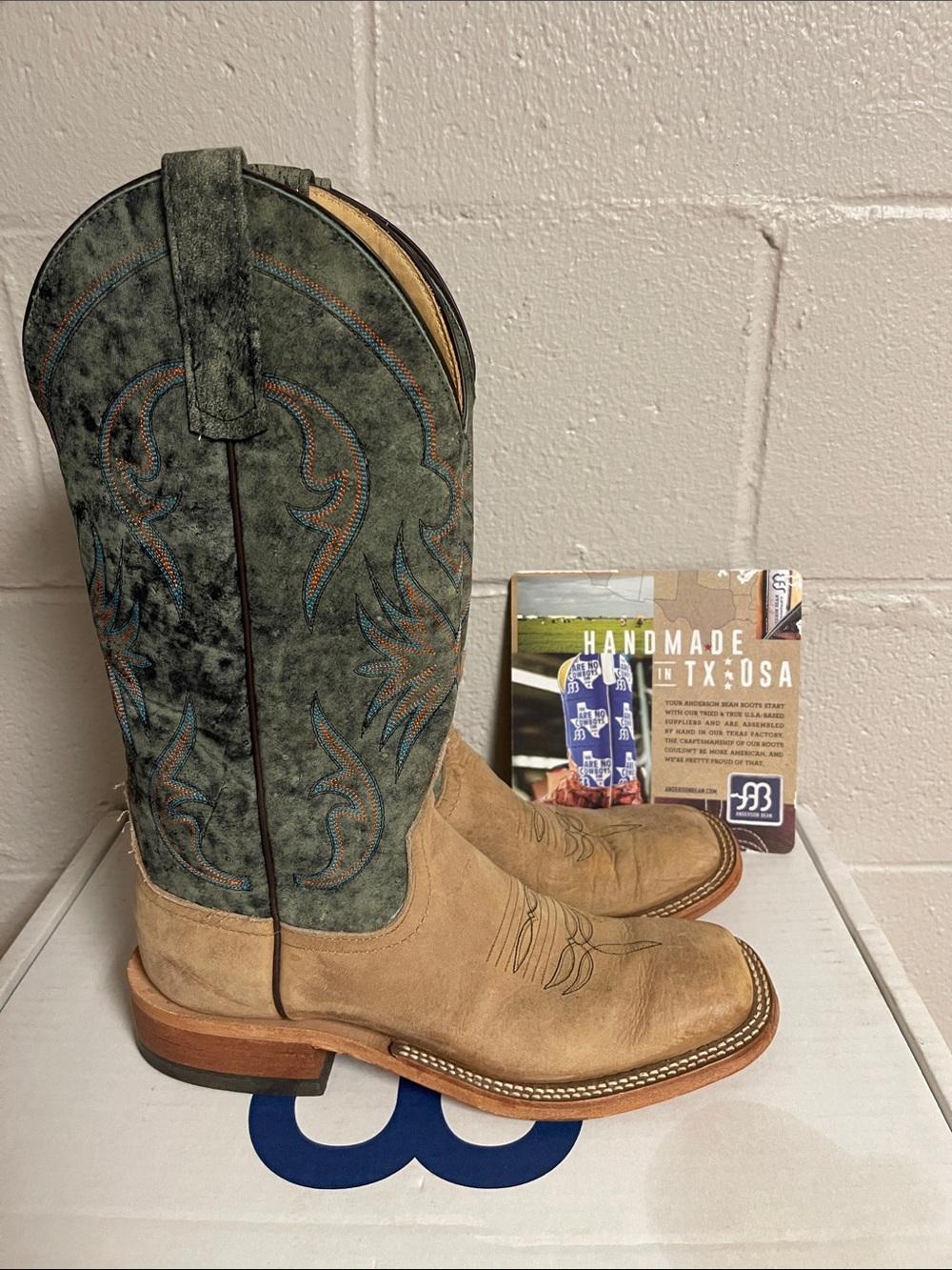 Anderson Bean Two-Tone Suede Western Boots in Tan and Green